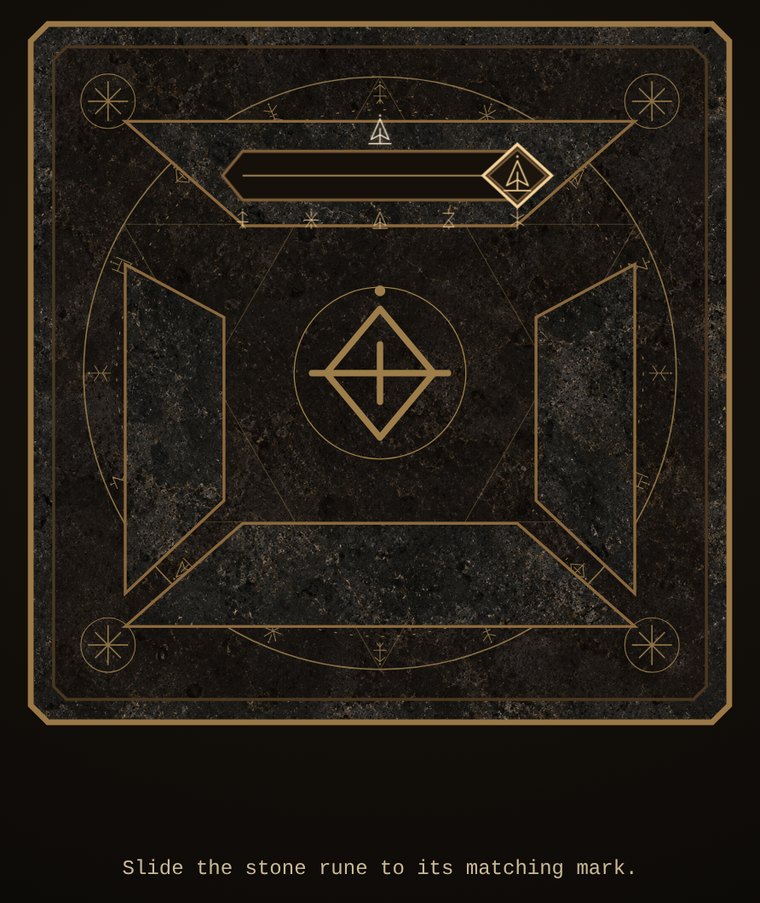 The working face of the artifact: a stone plate with a sliding rune and a row of marks, under the prompt 'Slide the stone rune to its matching mark.'