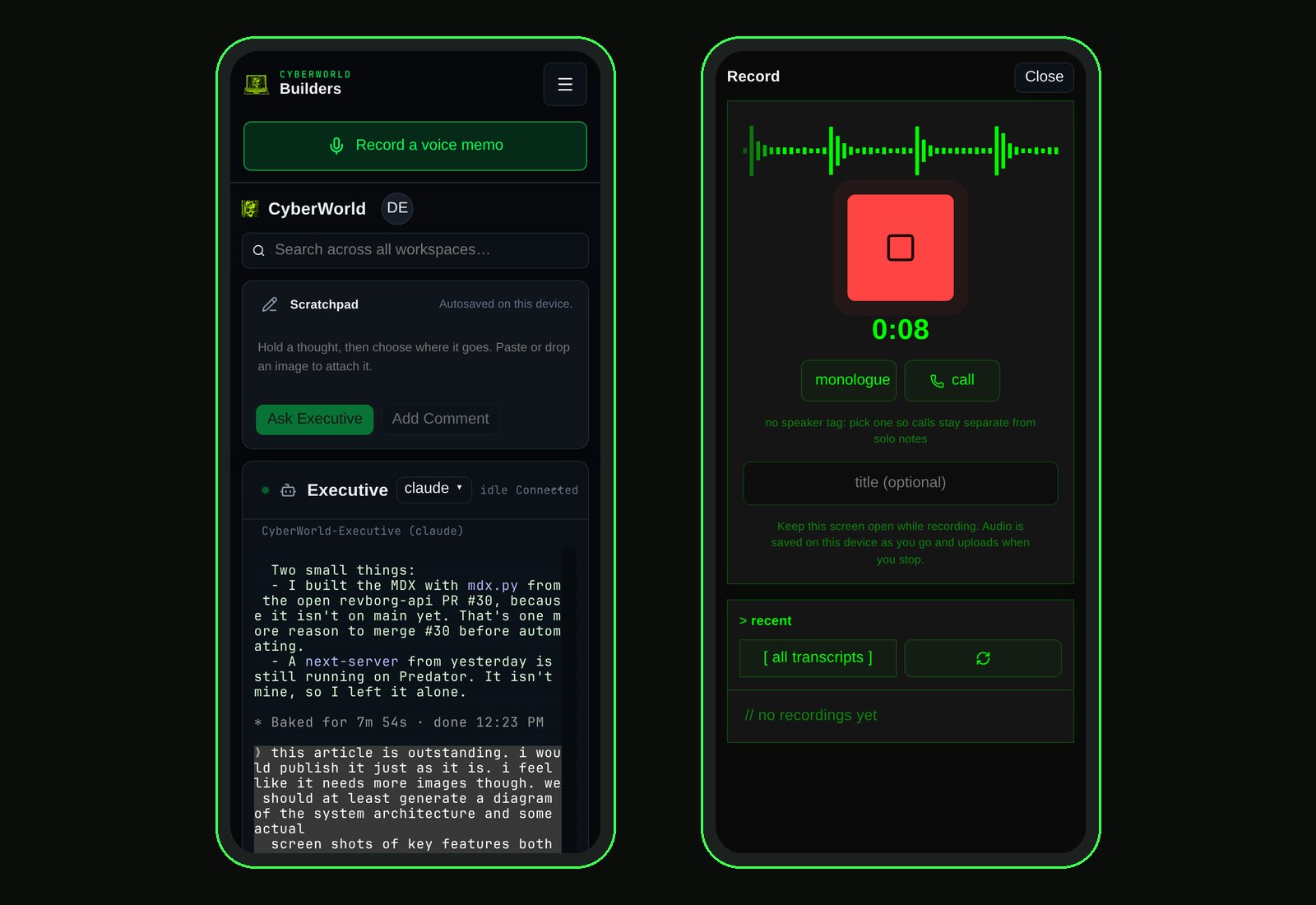 Two phone screenshots: the CyberWorld workroom on mobile with the executive terminal, and the voice recorder eight seconds into a memo.