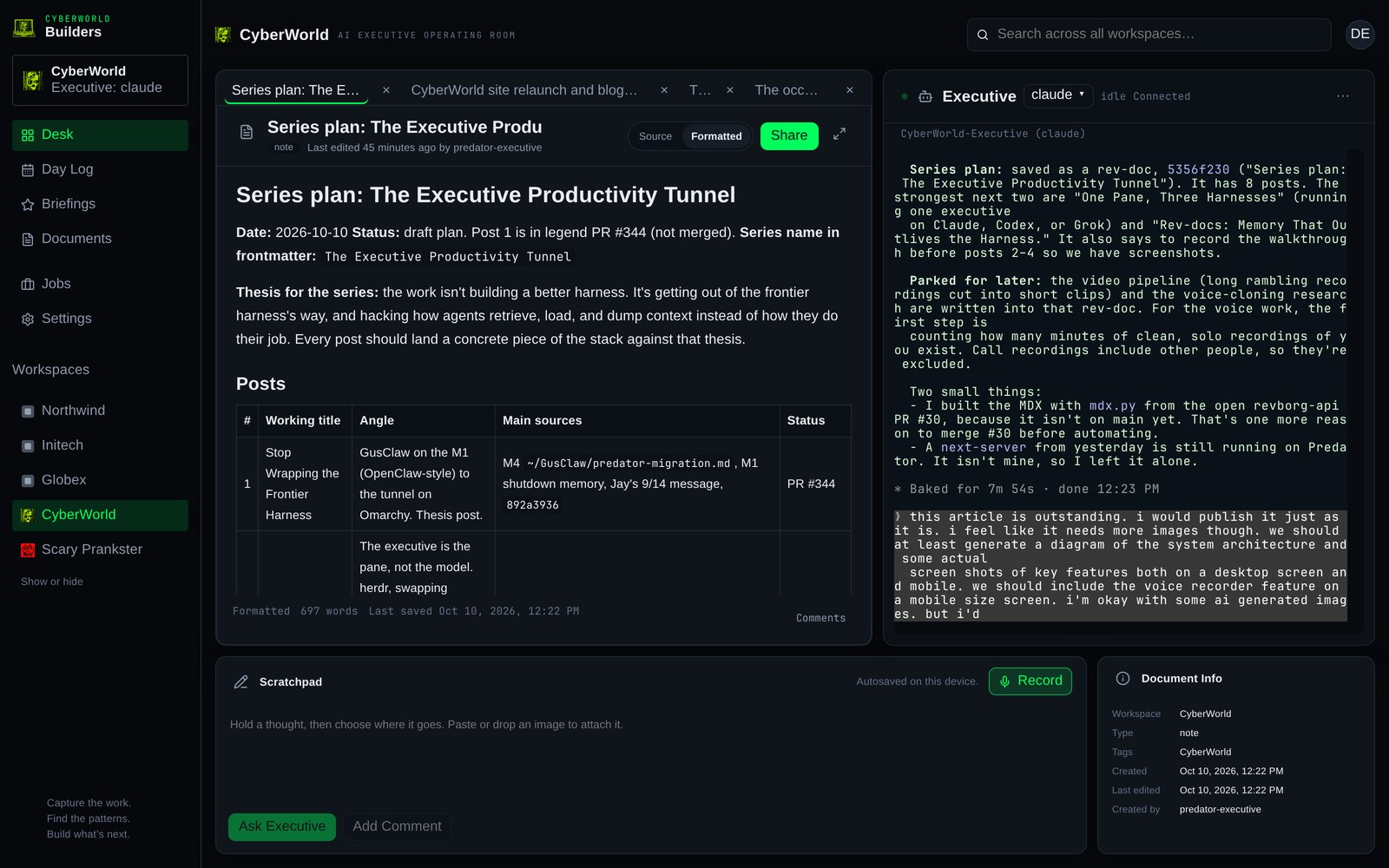 Screenshot of the CyberWorld workroom: the series plan rev-doc open on the left, the CyberWorld executive terminal on the right showing its report on this post and Jay's reply, the scratchpad and Record button below.